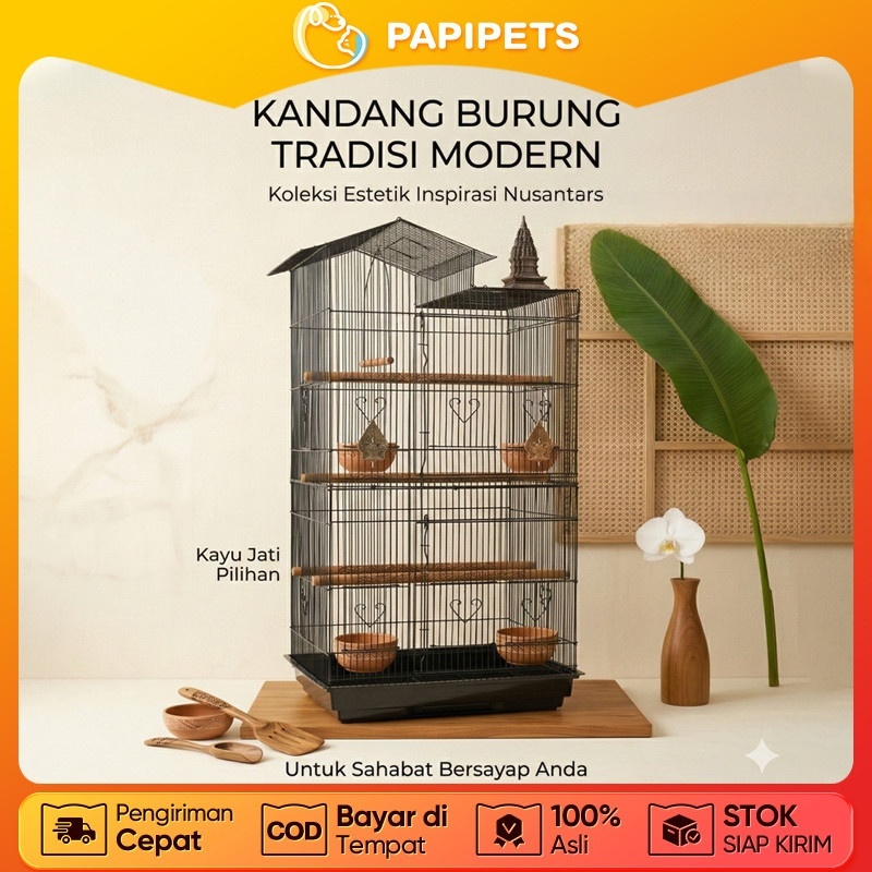 PAPIPETS Sangkar Burung Besi Kecil Ruji Hitam Ringan Kokoh Untuk Pleci Kenari Prenjak Konin