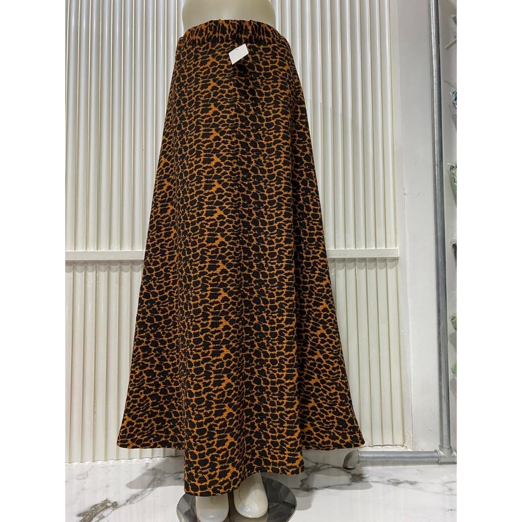 ROK PANJANG WANITA A_LINE TERBARU MOTIF LEOPARD BAHAN WAFEL PINGGANG FULL KARET UKURAN ALL SIZE BAHA