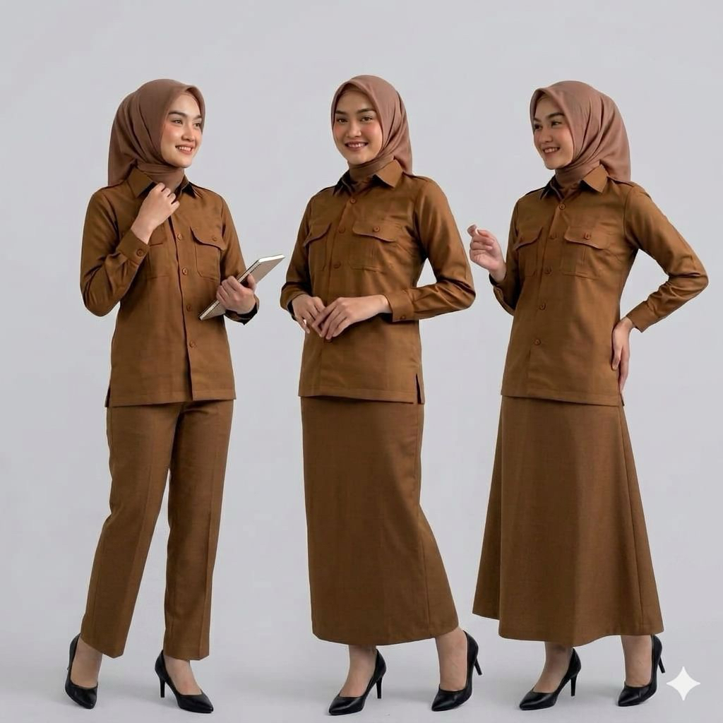 Baju Kemeja PEMDA Wanita PNS Terbaru Model Stelan Saku Dada Rok A/Rok Span/Celana