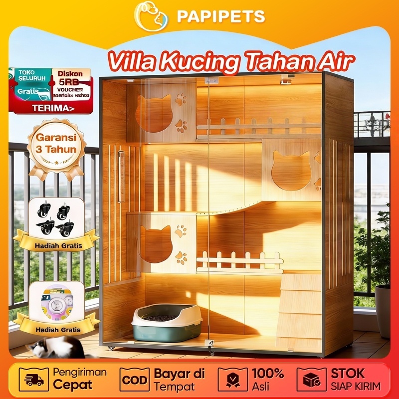 PAPIPETS Kandang Kucing Besar Jumbo Kayu Rumah Premium Dengan Garukan Cat Condo Villa