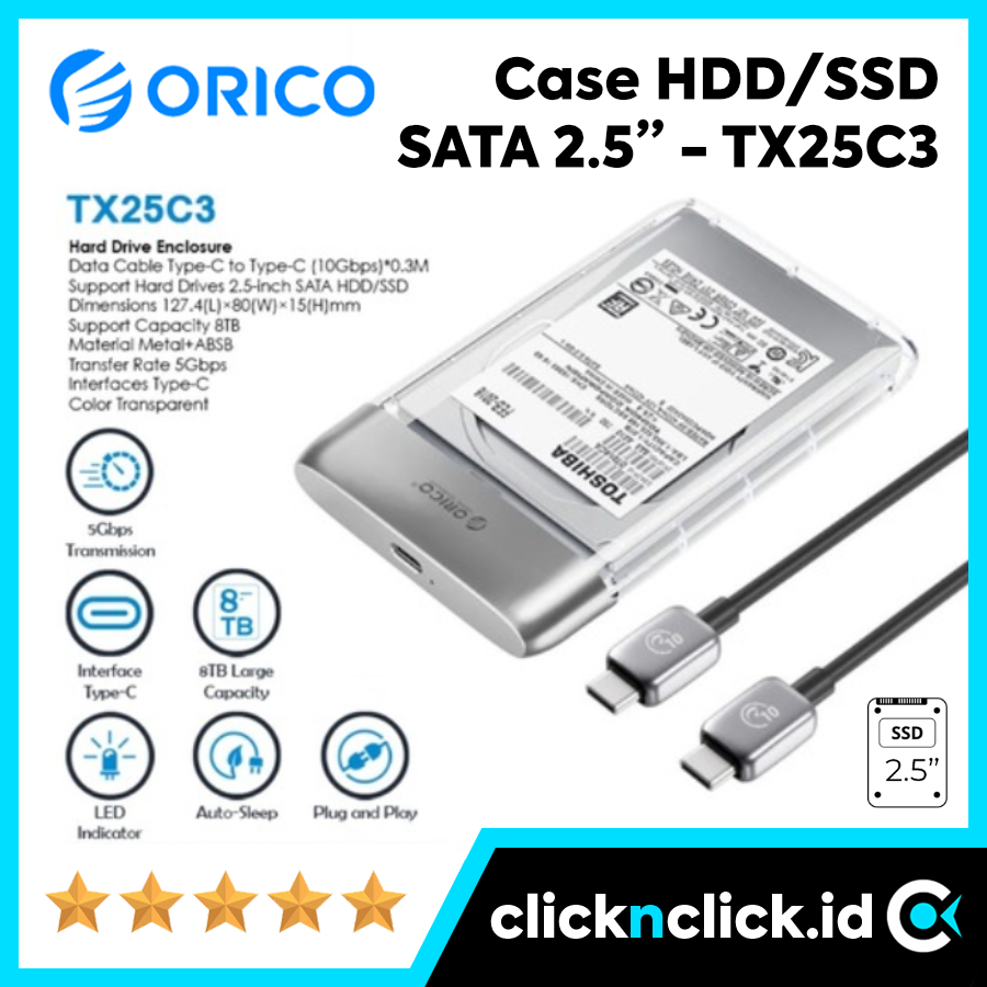 ORICO TX25C3 - SSD/HDD SATA 2.5" Inch Enclosure + USB Type C to C Cable Portable - Kabel Tipe C 2,5"