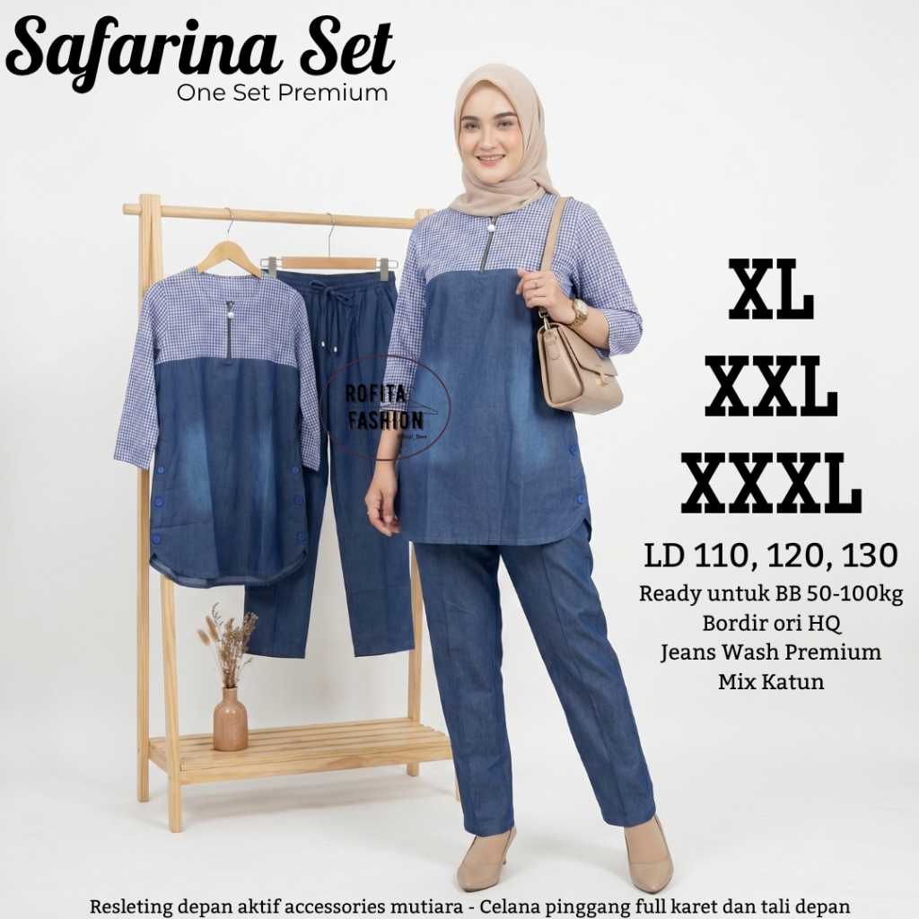 Setelan Wanita Kekinian SAFARINA SET Jeans mix Katun Premium Pakaian Wanita One Set Jeans Kekinian Z