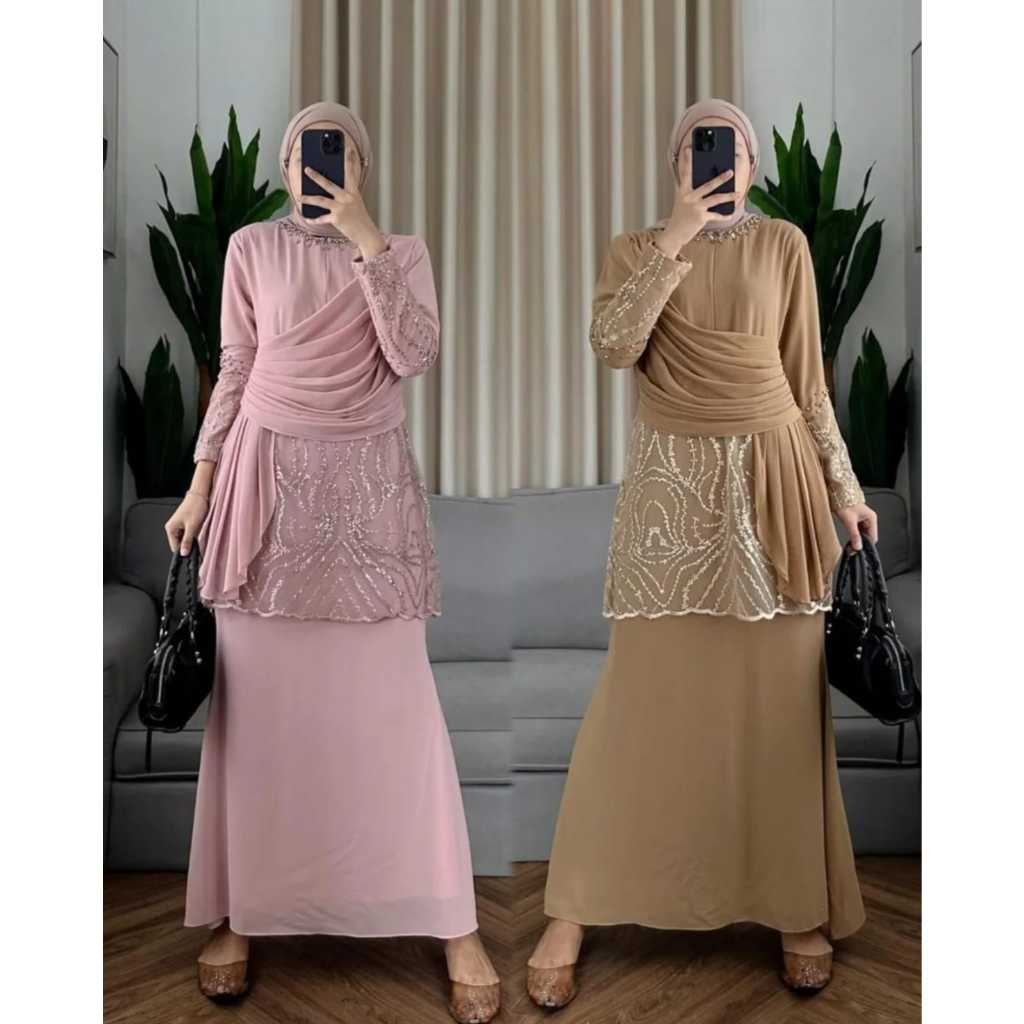 COD Gamis Pesta Amelia Dress Terbaru Bahan Ceruty Baby Doll Aplikasi Brokat Mix Payet Gaun kondangan