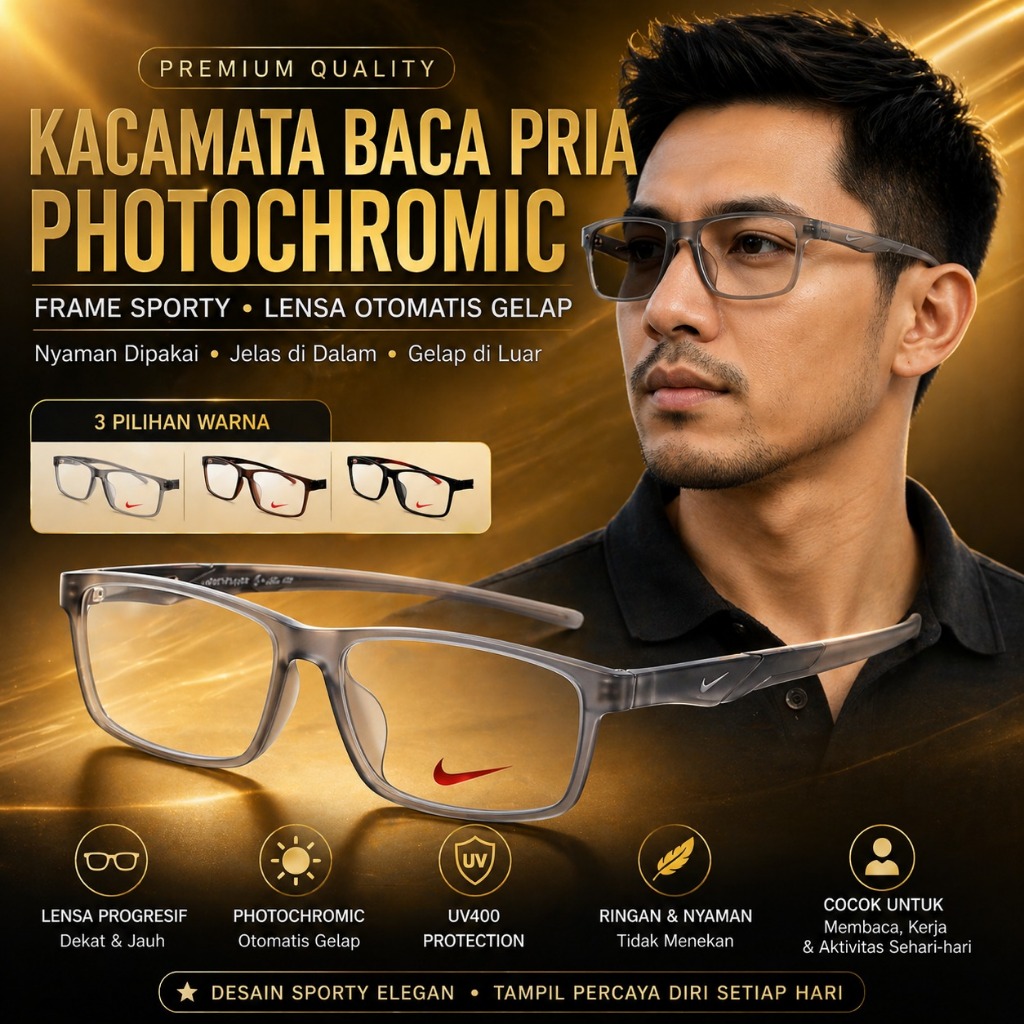 Kacamata Baca Plus Pria Photocromic Frame Sporty Kotak Kaca Mata Rabun Dekat +100 +150 +200