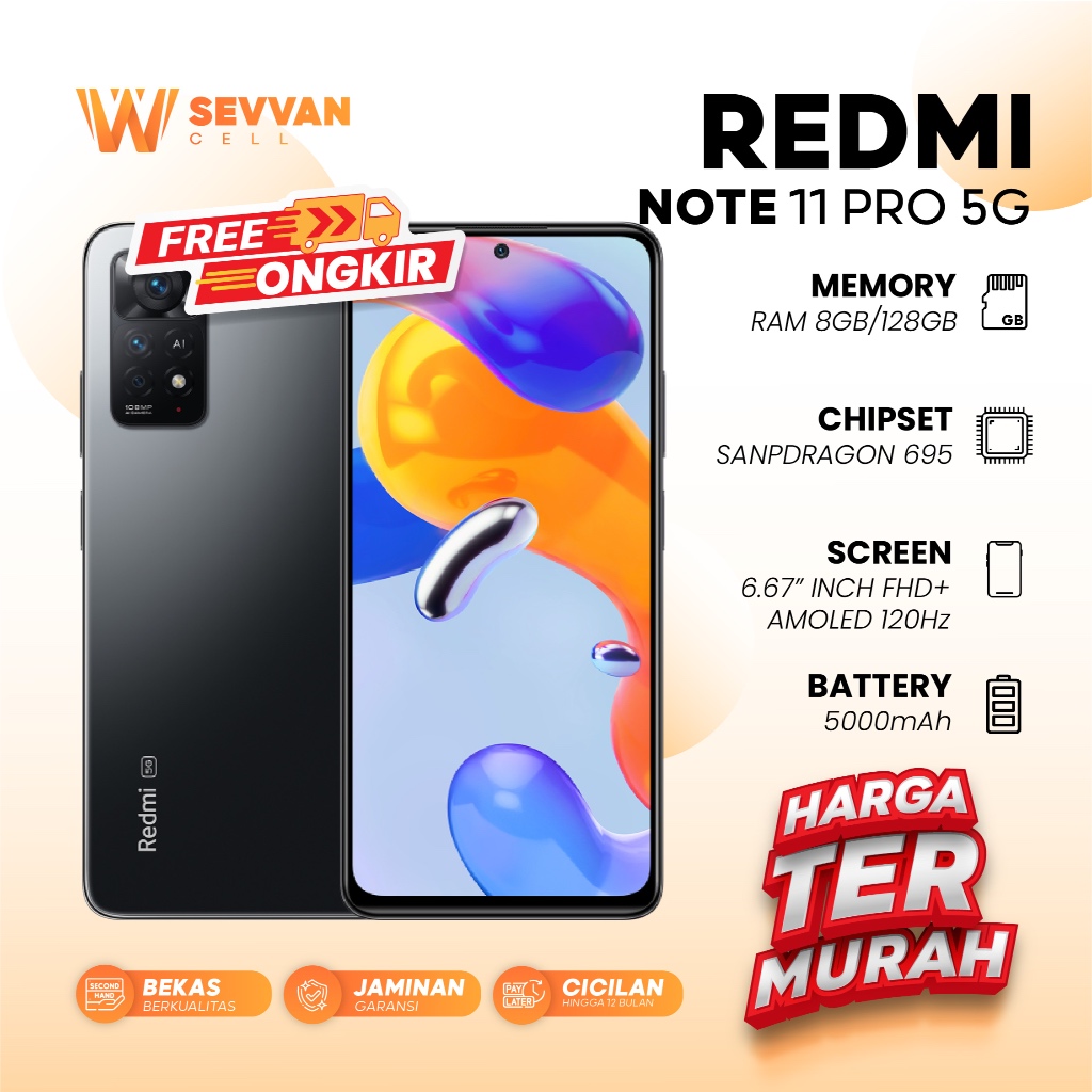 Handphone Xiaomi Redmi Note 11 Pro 5G Ram 8 128GB (Batangan, Tanpa Charger)