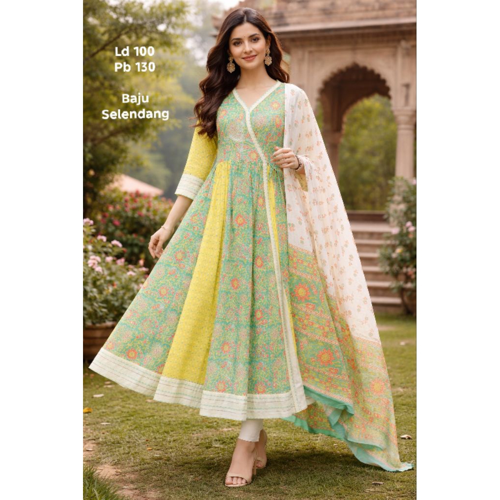 Anarkali Katun Premium Set Bordir warna pastel celana Selendang Baju India Kostum Simpel Bollywood k