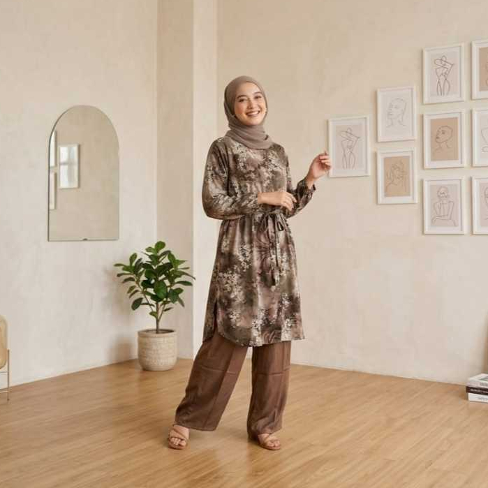 SETELAN LONG TUNIK RAYON TWILL ARMANY MOTIF BUNGA-SETELAN CELANA WANITA WENNY EXSLUSIVE-SETCEL RAYON