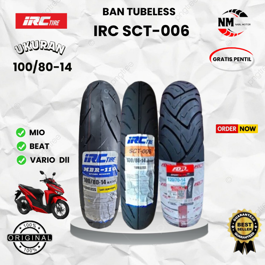 Ban Luar Motor 100/80-14 Tubeless Ring 14 Gatis Pentil IRC MAXXIS FDR ASPIRA KENDA
