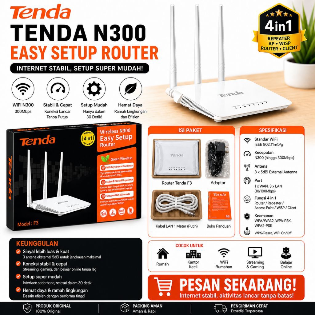 Router Wireless Tenda N300 F3 (Baru/Bekas)