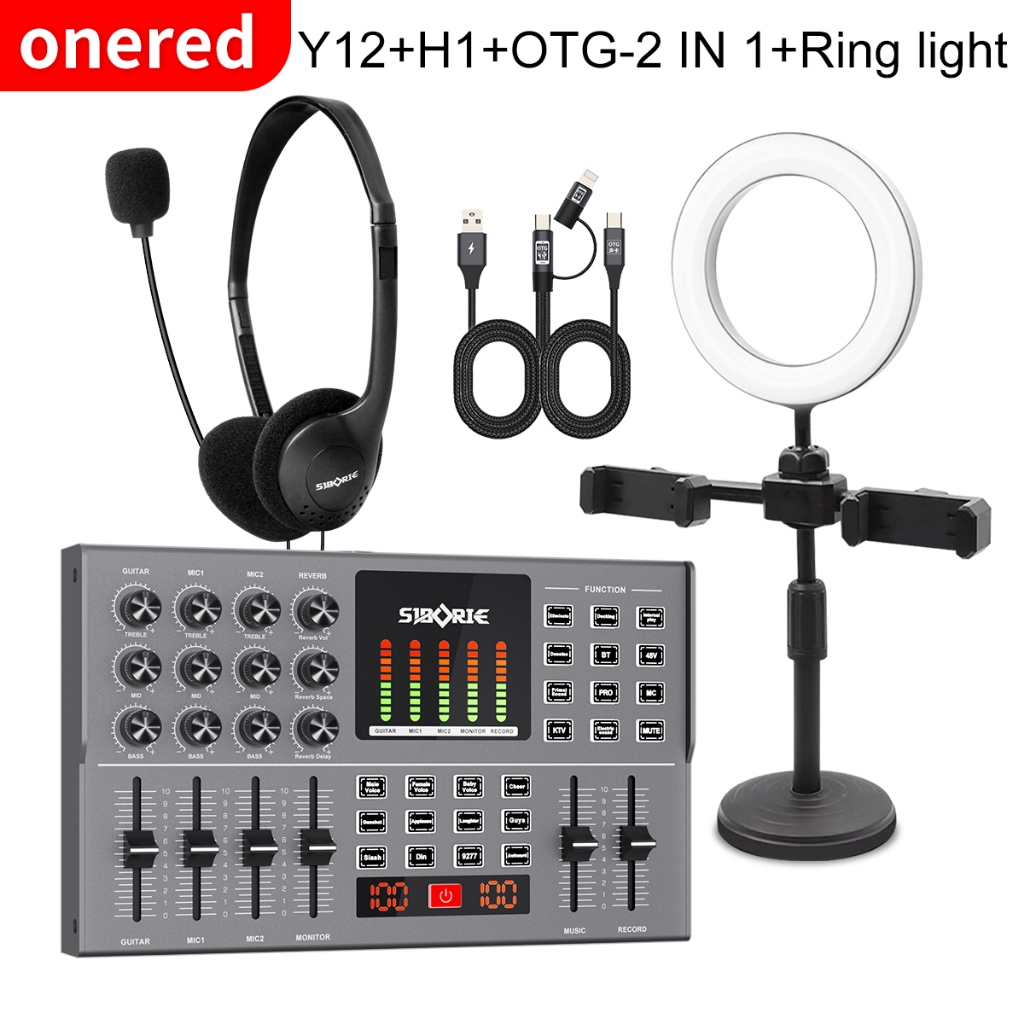 Onered Free OTG-2IN1 Y12 Sound Card+H1/H1-A/W1 Headphone+Ring light Full Set Paket Recording Lengkap