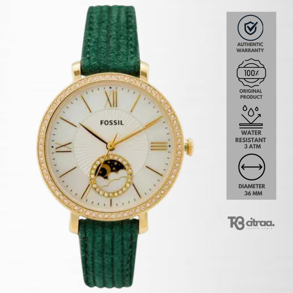 Jam Tangan Wanita Fossil Jacqueline Sun Moon Multifunction White Mother Of Pearl Dial Green Leather 