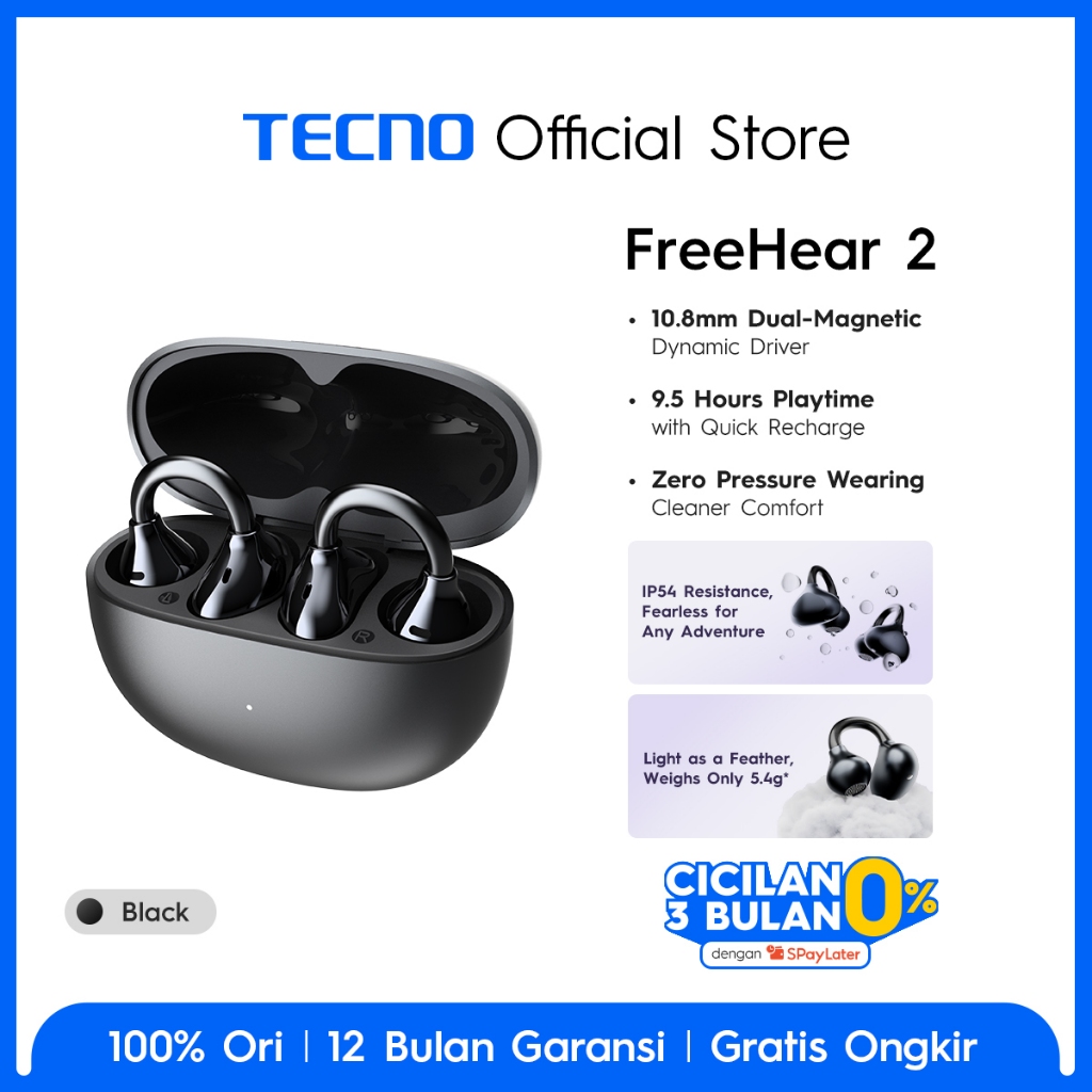 TECNO FreeHear 2 Open-Ear Ergonomic Design for Safer, Cleaner Comfort | Big Bass, Crisp Highs, Powerful Sound | 46-Hour Battery with Quick Recharge