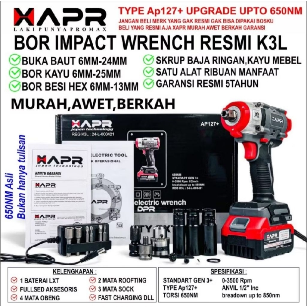 APR AP127 + IMPACT WRENCH 650NM 1 BATERAI + KARDUS