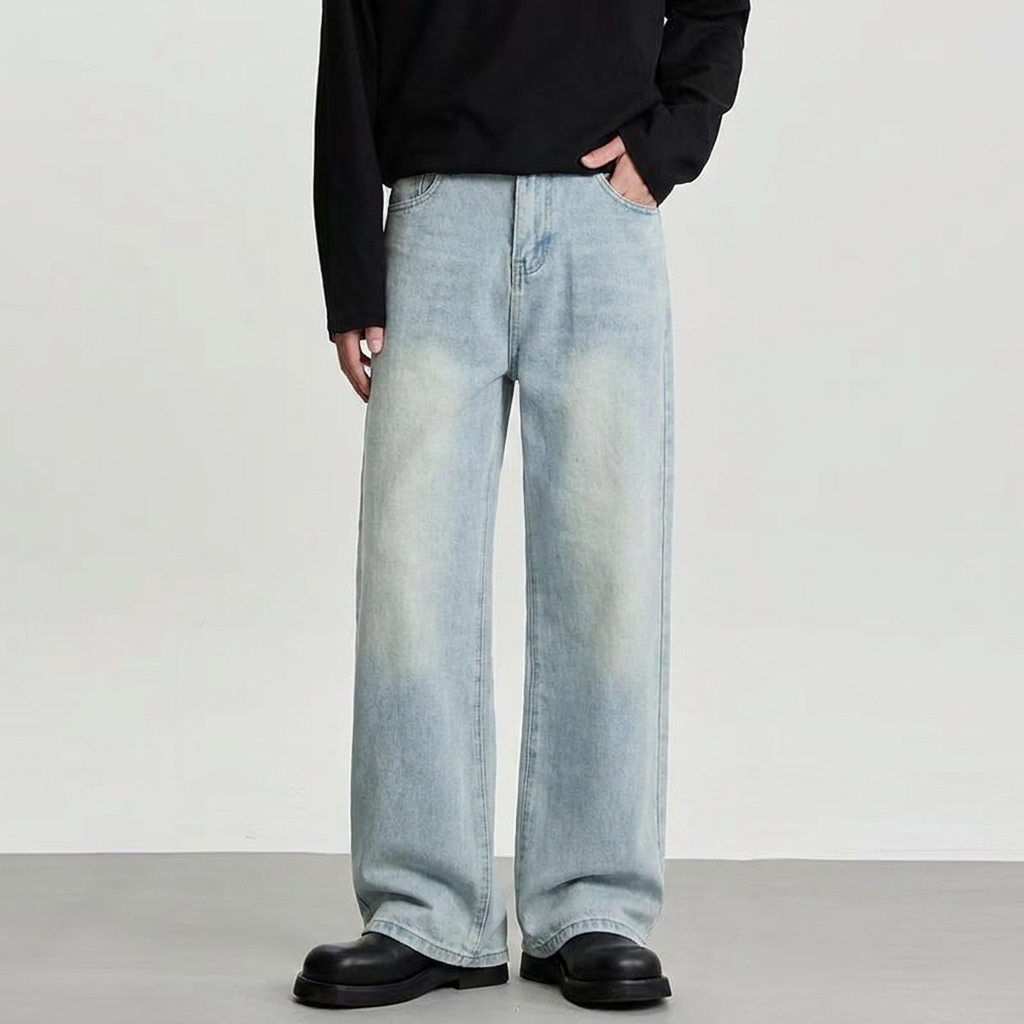 Kulot Celana Pria Jeans Straight Biru muda Denim Gaya Korea