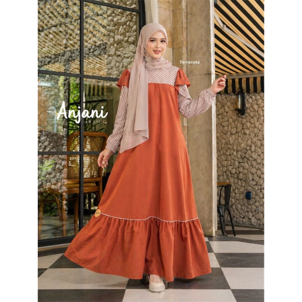 Gamis Anjani Terakota Toyobo Kombinasi Brokat Premium – Dress Muslimah Elegan Busui Friendly Custom 