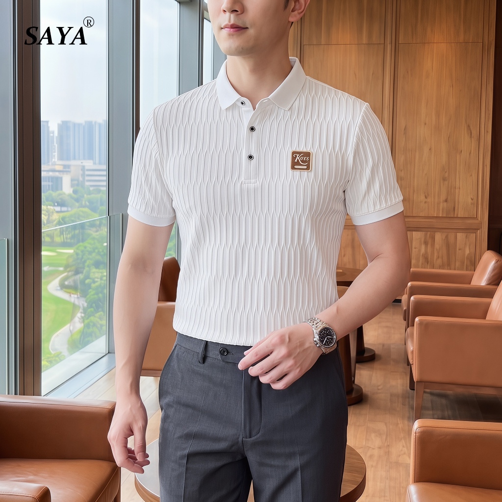 SAYA.SHOP Kaos Polo Pria Putih Kues Lengan Pendek Motif Garis Polos Dengan Logo Kancing Depan/hitam/