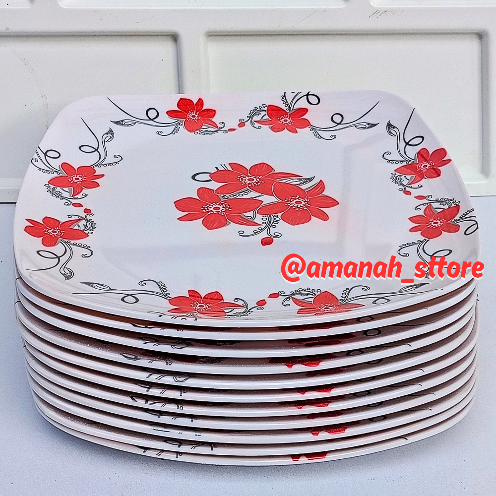 Piring kotak besar Melamin 9 Inch - Piring Melamin Motif Bunga - Piring Saji