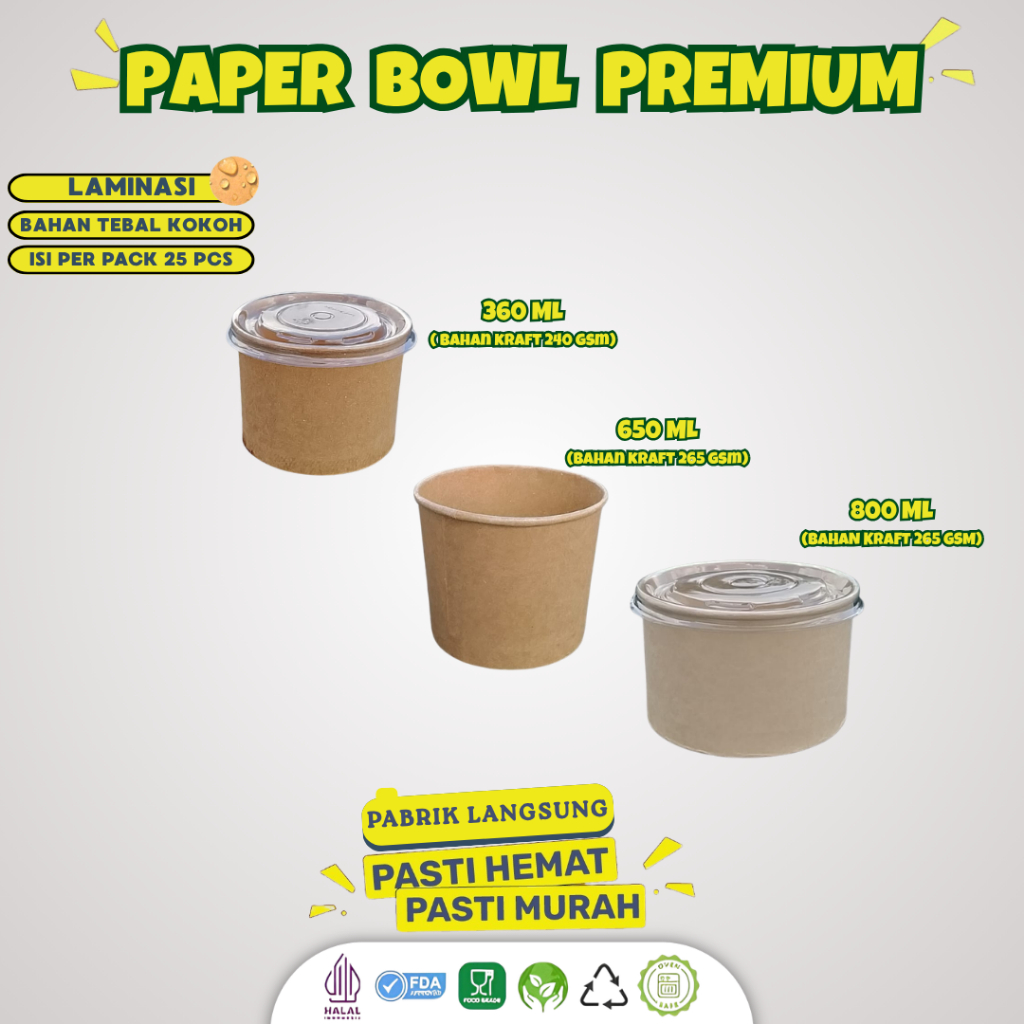 (25 Pcs) Paper Bowl 360ml Food Grade +Tutup / Rice Bowl Kraft Laminasi / Paper Bowl Food Grade / Man