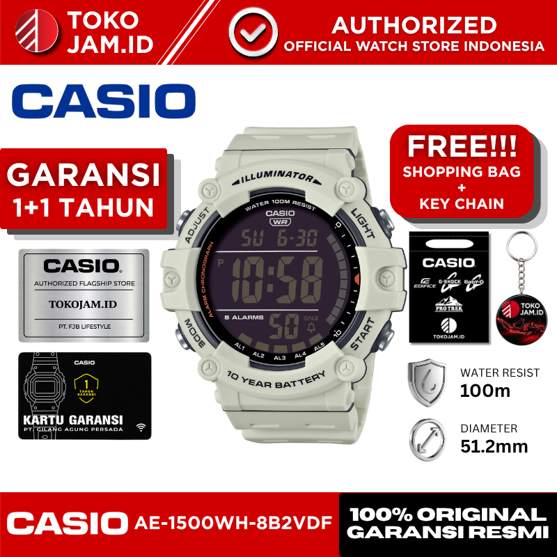 Jam Tangan Pria Casio AE-1500WH-8B2VDF Original Digital Grey Sport LED Alarm Stopwatch Timer WR 100M