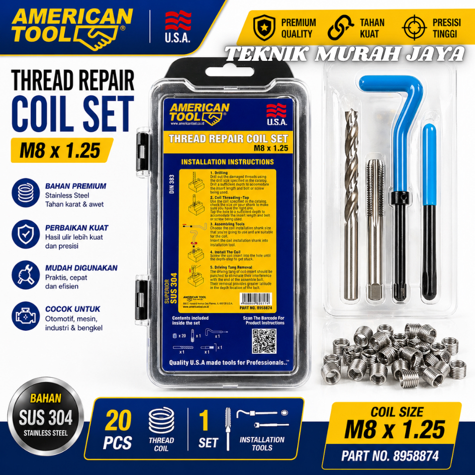 AMERICAN TOOL 8958874 COIL Thread Repair Kit PRO 20 pcs Set M8 X 1.25 - 2D Recoil Helicoil baut 10 U