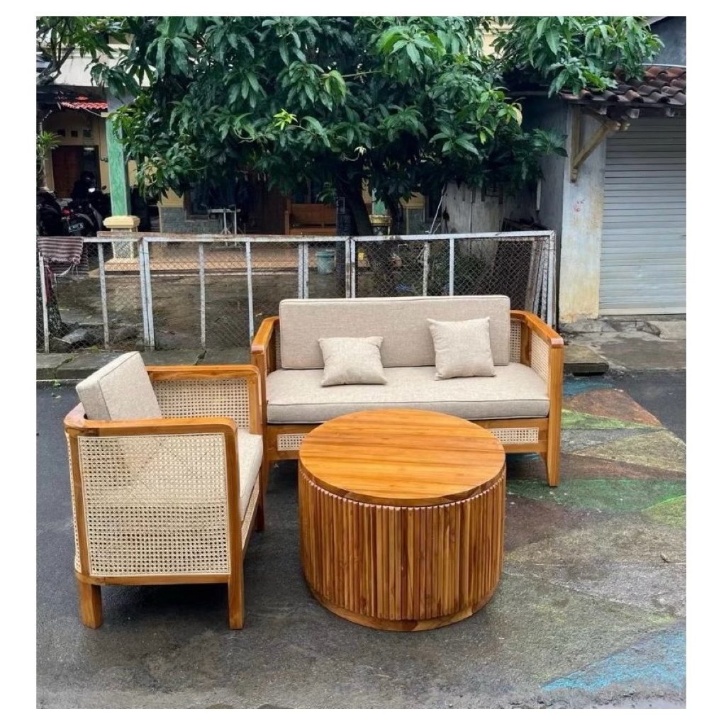 Set Kursi Sofa Kombinasi Rotan Jati Jepara / Kursi rotan Meja Bundar