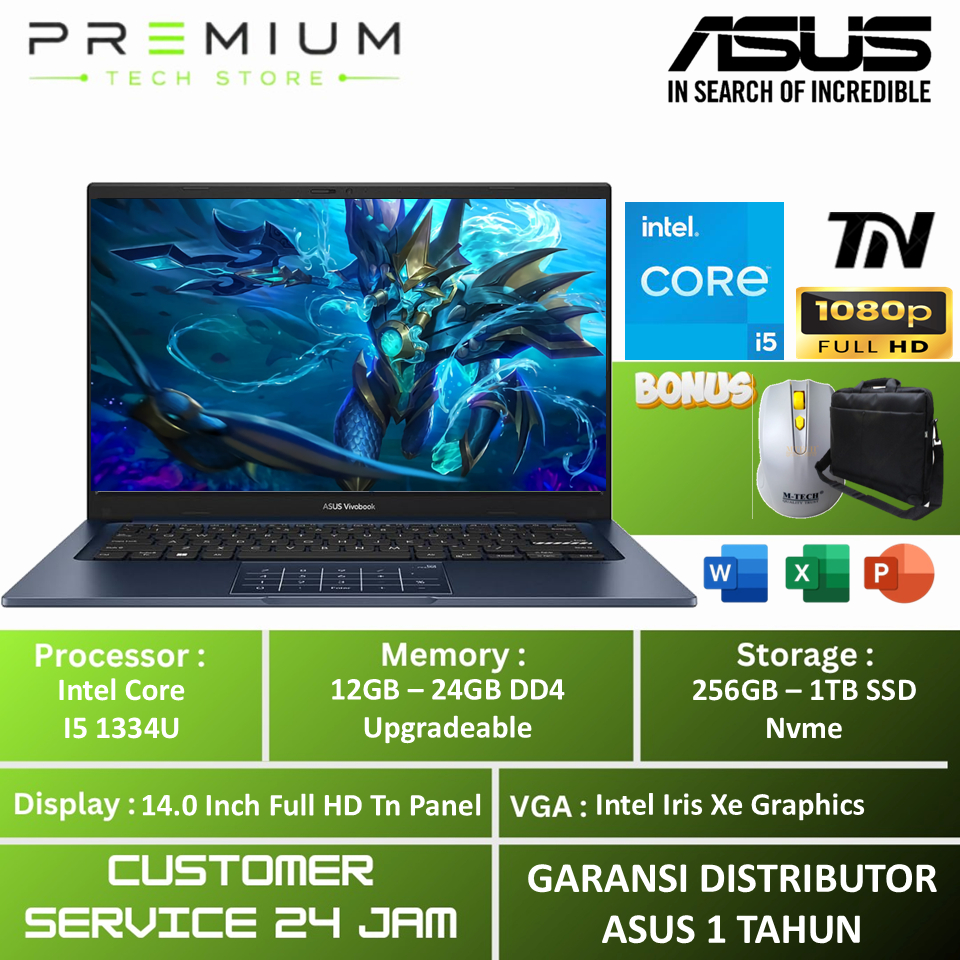 Laptop Asus Vivobook x14 Intel Core i5 1334U RAM 40GB 512GB SSD FHD Windows 11 Original