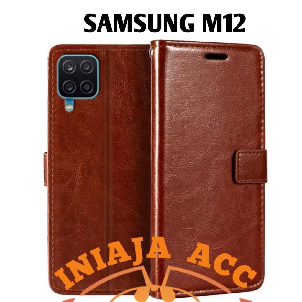 CASE SAMSUNG M12 LEATHER CASE SARUNG HP DOMPET KULIT FLIP COVER CASE BUKA TUTUP KESING DOMPET