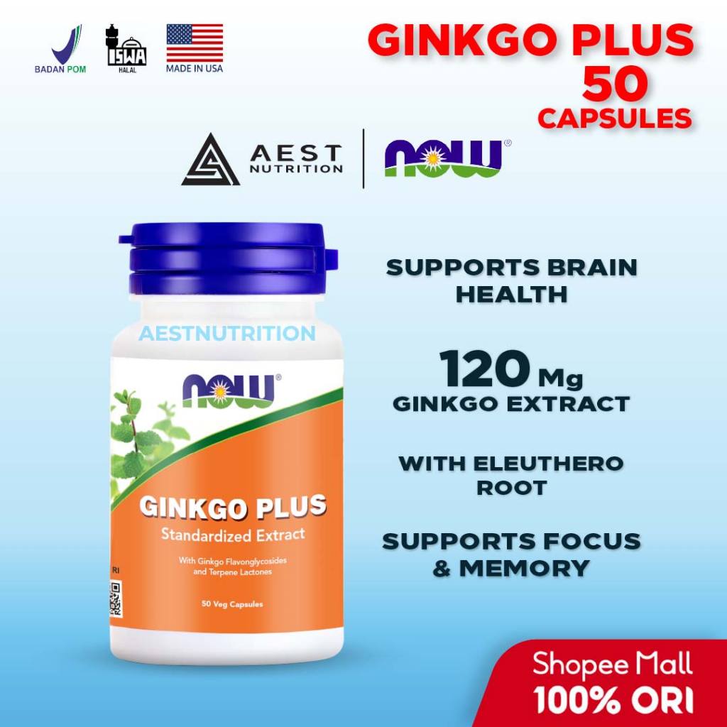 NOW Ginkgo Plus 50 Capsules - Ginkgo Biloba 120 mg Vitamin Otak Antioksidan Alzheimer