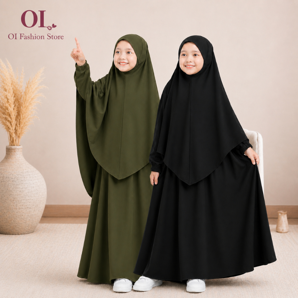 Gamis Anak Perempuan Manasik Set Kerudung | Gamis Sari Crinkle Airflow | Abaya Anak Turki List Lisba