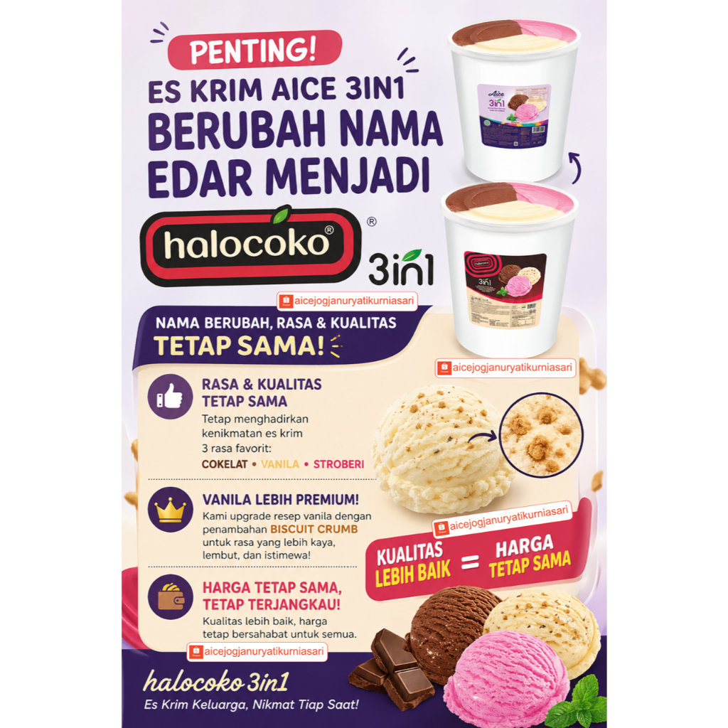 Es Krim Aice Halocoko Ember 8 liter 3 rasa/ Ice Cream Aice 3 in 1 Ember 8 liter, Vanila, Chocolate
