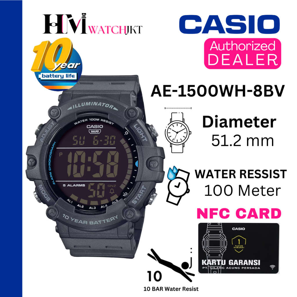 CASIO AE-1500WH-8BVDF Jam Tangan Pria Original Digital Rubber Antiair AE-1500WH-8BV AE-1500WH AE1500
