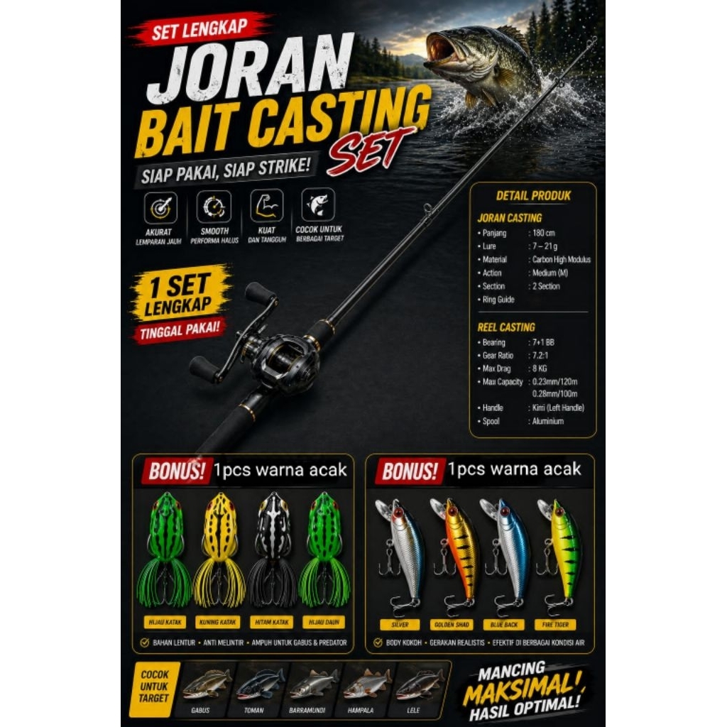 (TERMASUK PACKING PIPA) Joran Pancing Set dan Reel BC Kaizen Carbon Bait Casting BC 180cm 8-17Lb/6-1