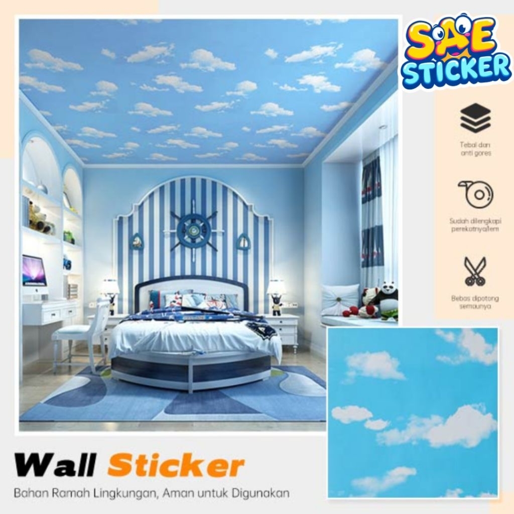 Wallpaper Sticker Dinding Plafon Atap Motif Awan Biru