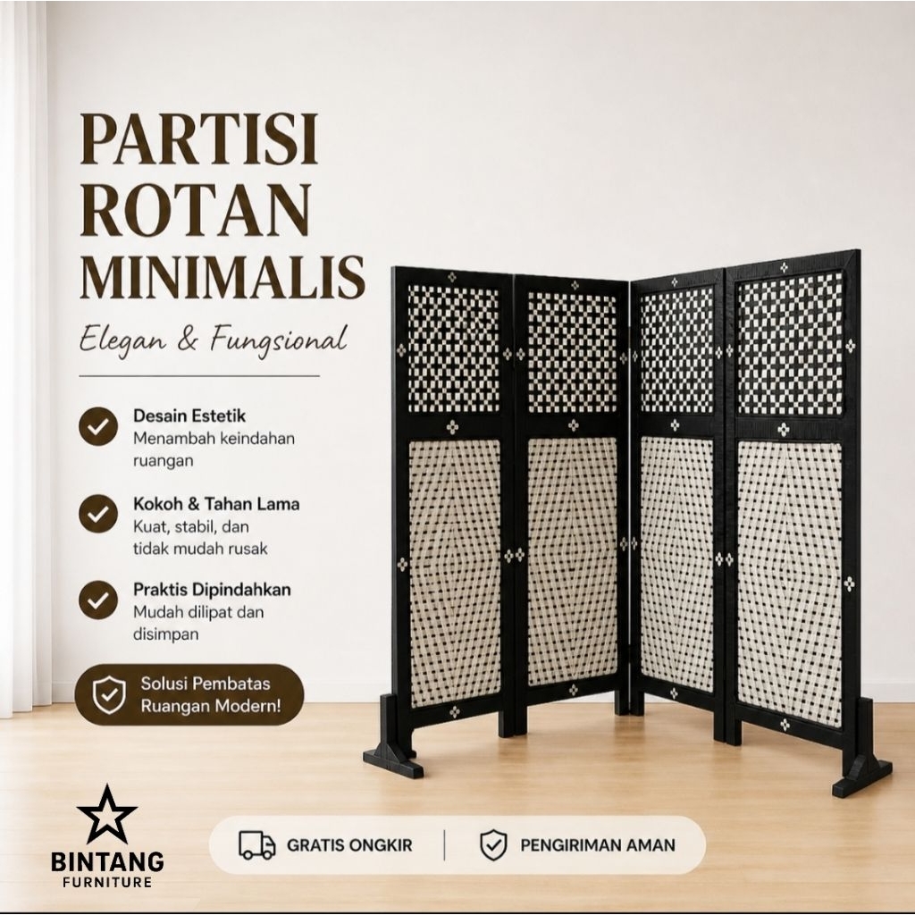 Pembatas Ruangan Minimalis Rotan Sintetis Partisi Sekat Ruangan Lipat