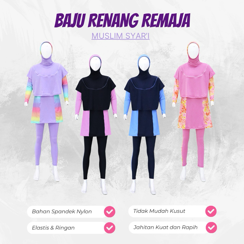 [BARU] Baju Renang Anak Perempuan Muslim Motif Polos ABG Remaja Model Blus Syar'i