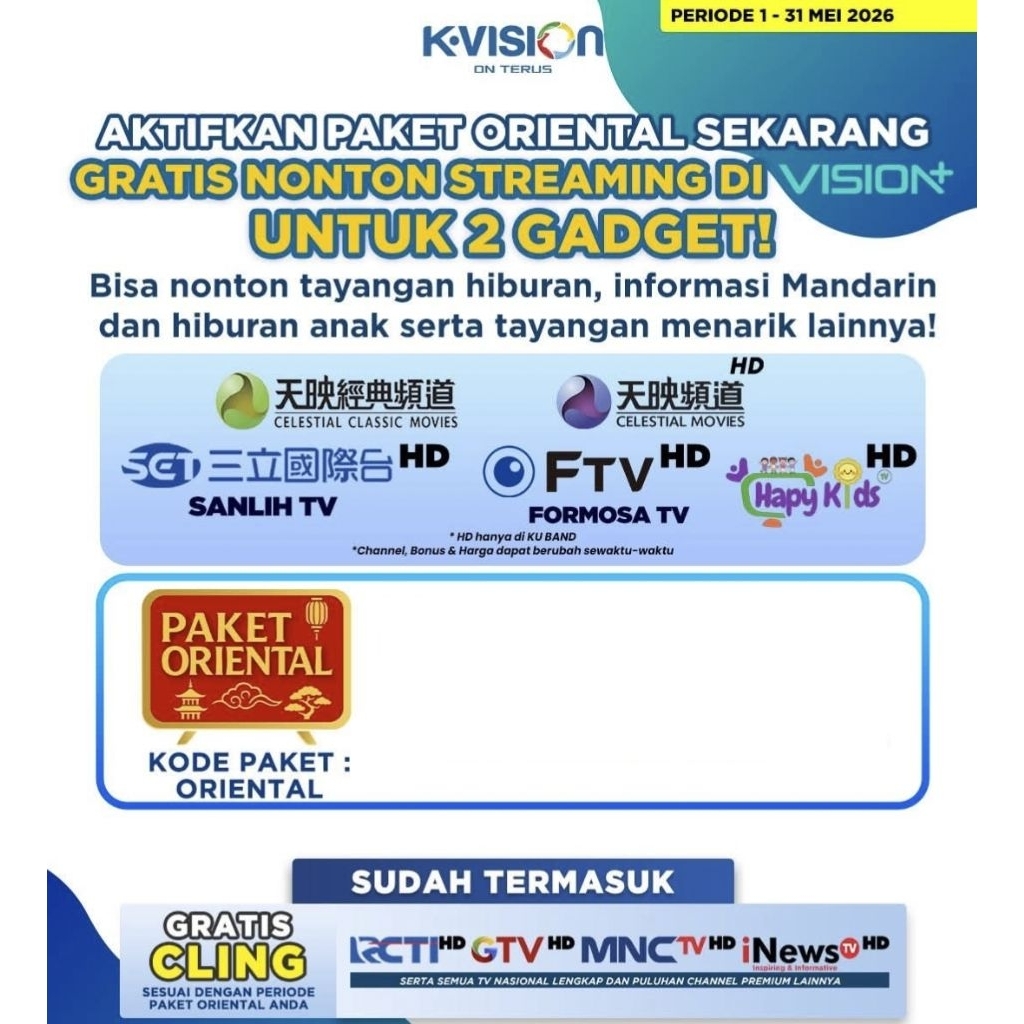 Voucher Paket Oriental K-Vision 30 Hari