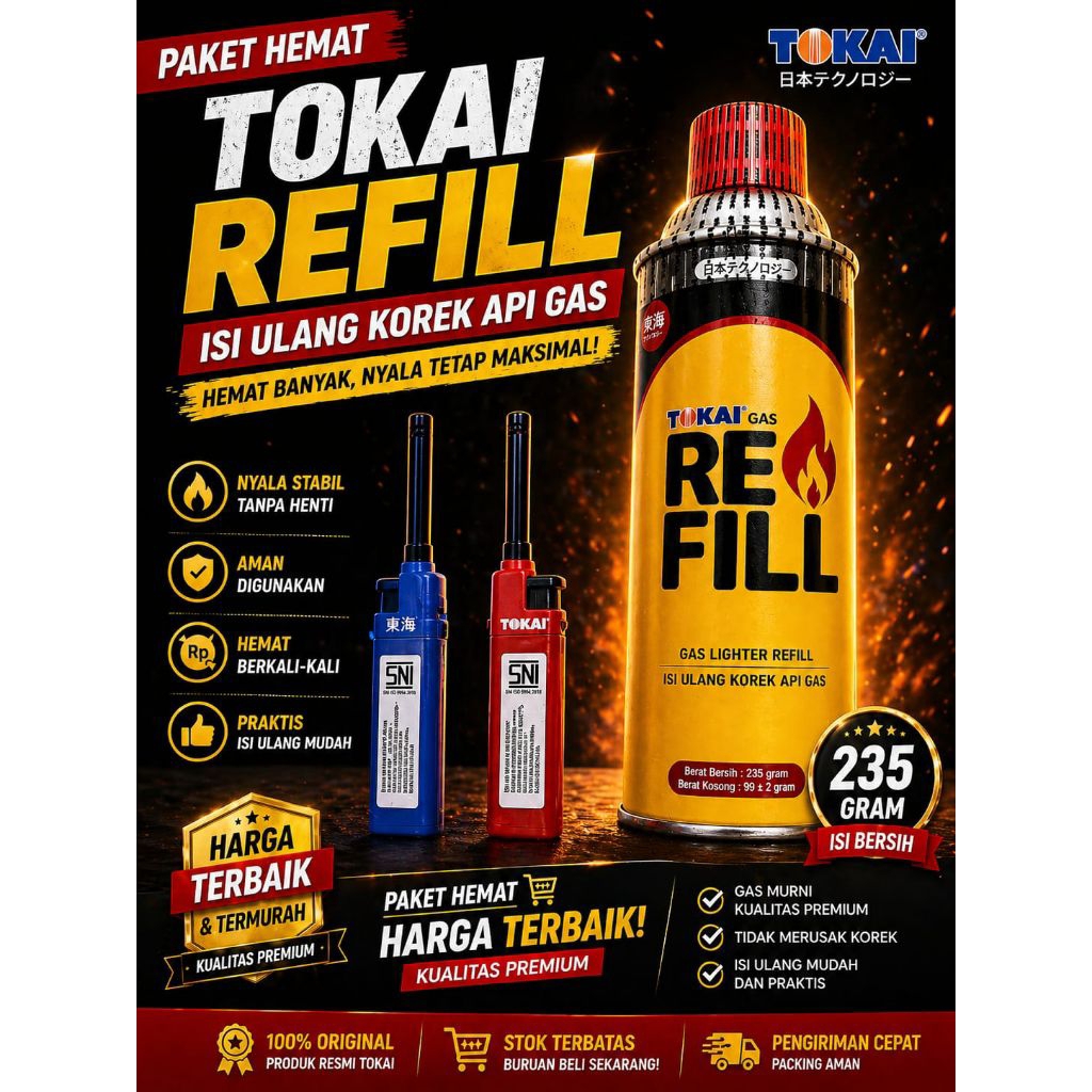 BUNDLING PROMO HEMAT TOKAI REFILL GAS 235GR ISI ULANG KOREK API+2 PCS IZI TOKAI KOREK API