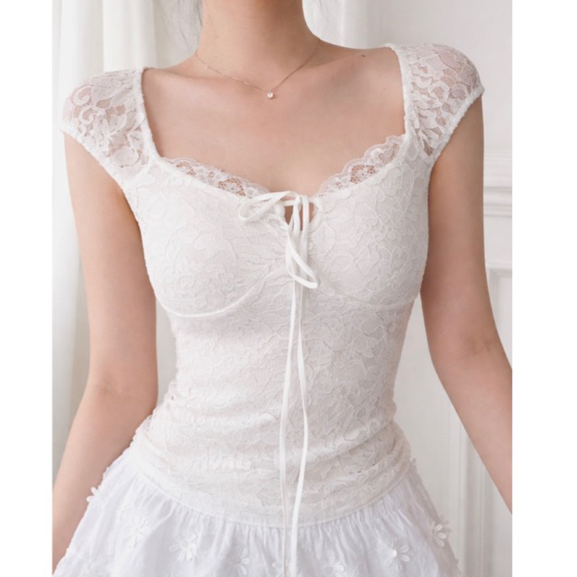 Celestine Lace Top / Atasan Wanita / Blouse Putih / Korean Elegant Sheer Back Blouse