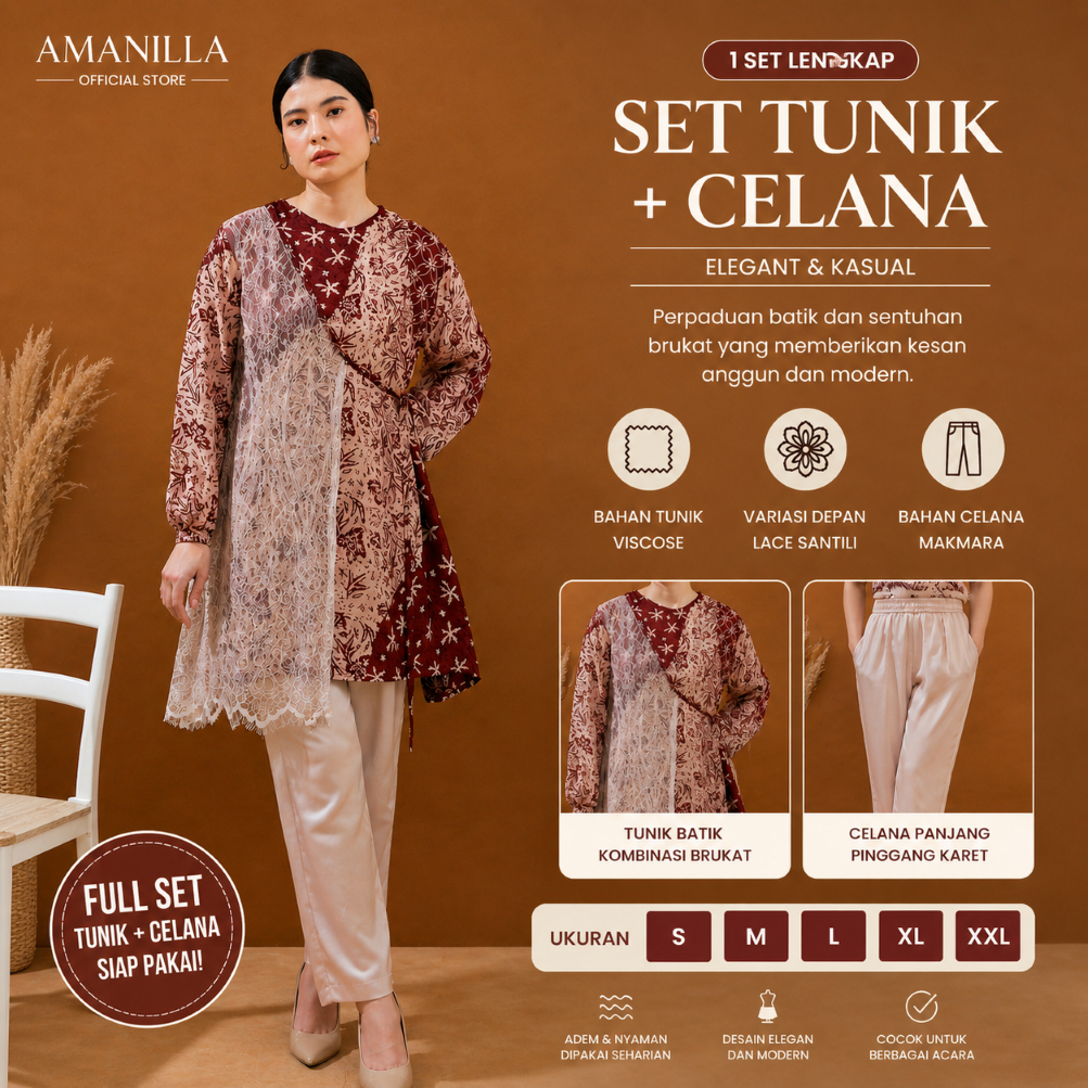Amanilla SET Tunik Batik Kombinasi Brukat + CELANA Panjang Wanita – 1 Set Outfit Elegant Casual (Ful