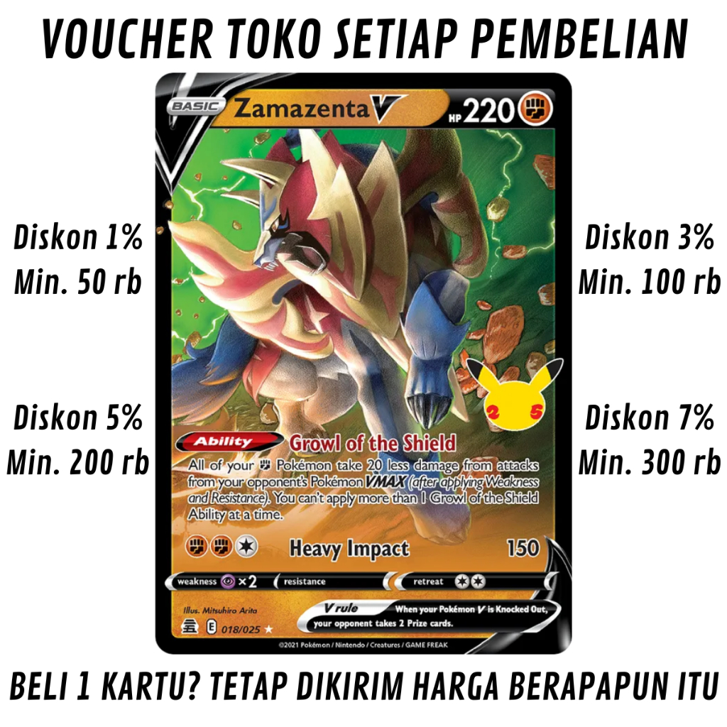 [S10%] Kartu Pokemon TCG Bahasa INGGRIS KONDISI NM (NEAR MINT) = PSA 7 Zamazenta V 018/025 Celebrati