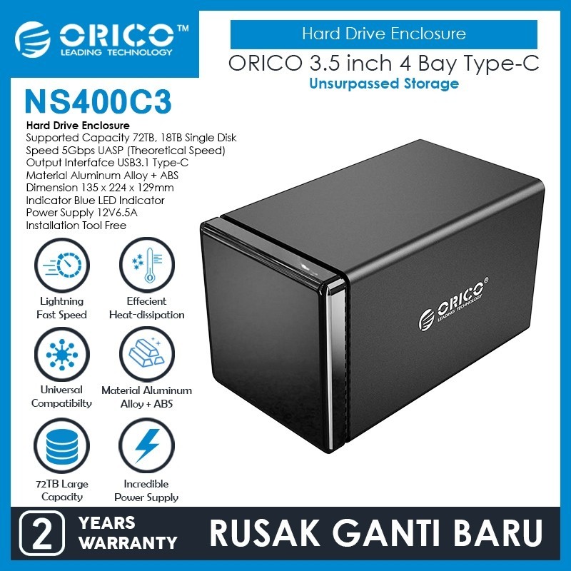 ORICO 4 Bay Hard Drive Enclosure NS400C3 USB3.1 Type-C 64TB Aluminium Black