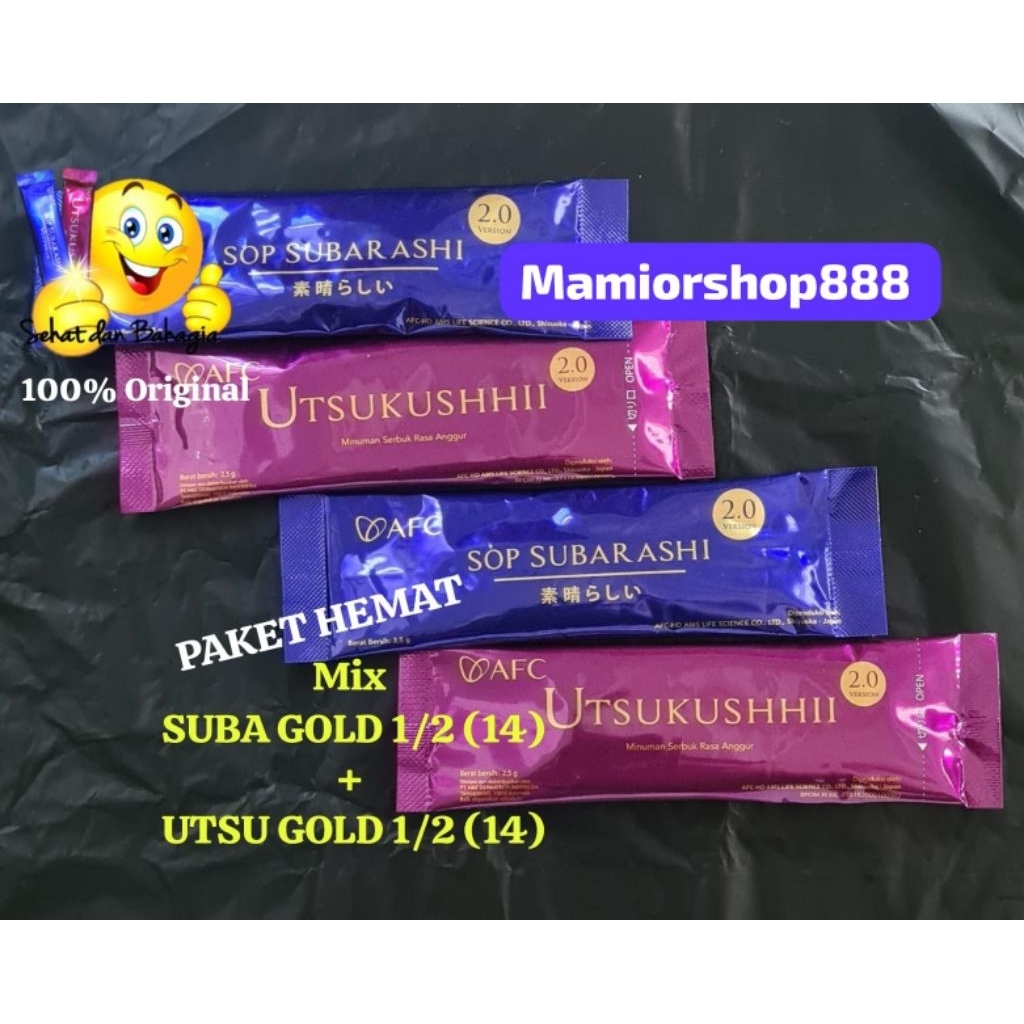 PAKET HEMAT SUBARASHI GOLD 1/2  + UTSUKUSHII GOLD 1/2 ( = 14 + 14 SACHET ) ORIGINAL AFC JAPAN EXP TH