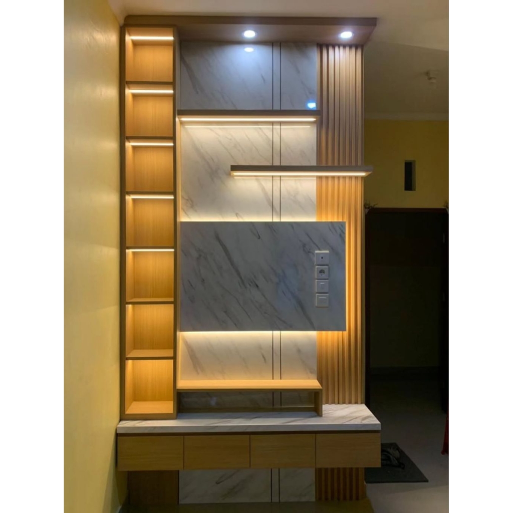 Backdrop TV Minimalis Modern HPL Motif Marmer + Rak LED | Free Desain 3D & Survey | Start 1,6 Jt/m S