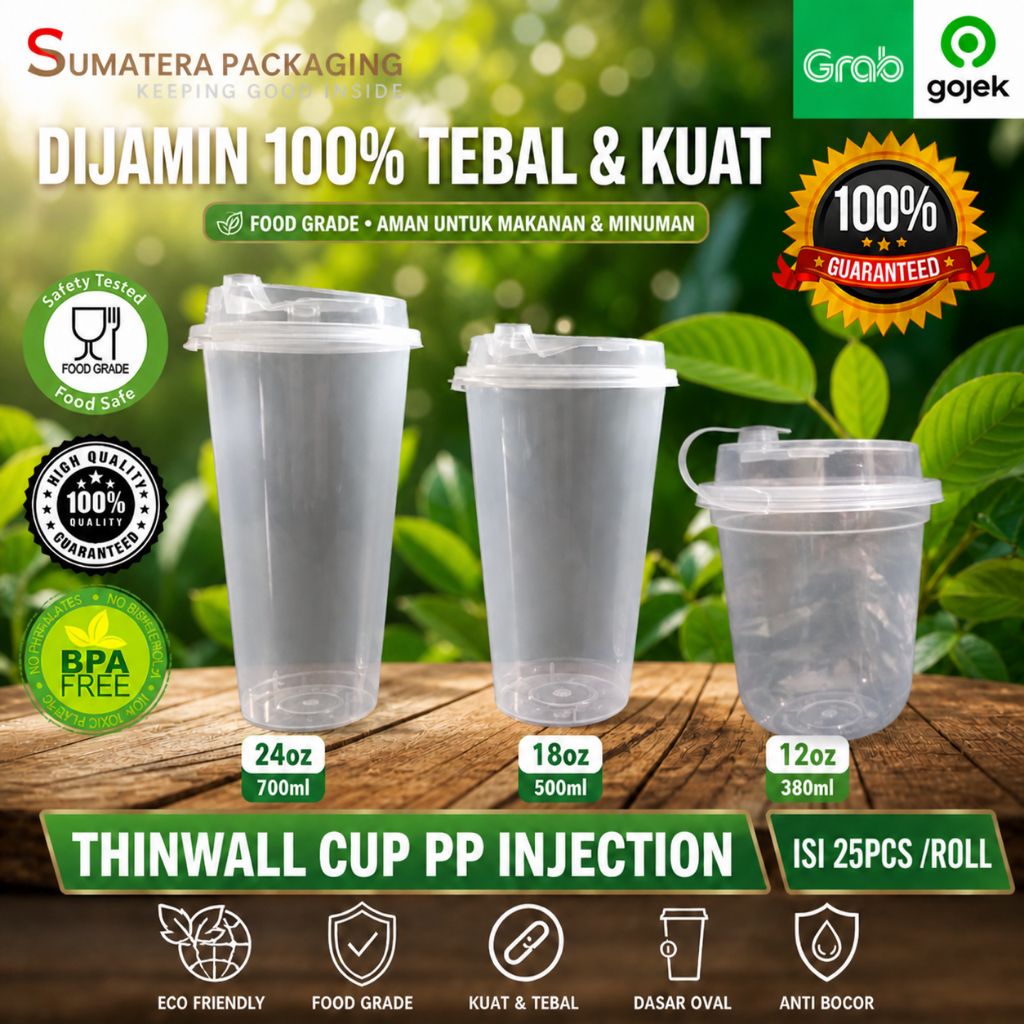 Gelas  thinwall plastik 12OZ 18Oz 24OZ + Tutup PP Cup Injection Reusable 360ML 380ML 500ML 700ML / T