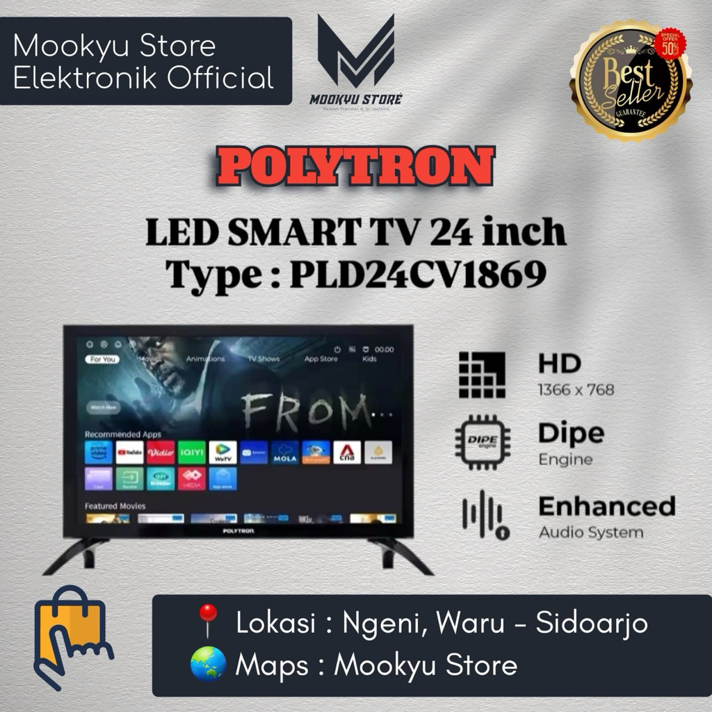 POLYTRON LED SMART TV 24 inch PLD24CV1869 / 24CV1869 | YouTube VIDIO Full HD SUARA BASS JOSJIS