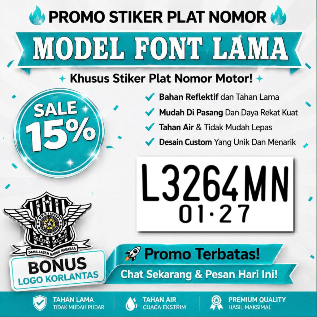 (Siap Kirim) Stiker Plat Nomer Motor Model Font Lama, Stiker Cutting Plat Nomer Motor, Stiker Reffle