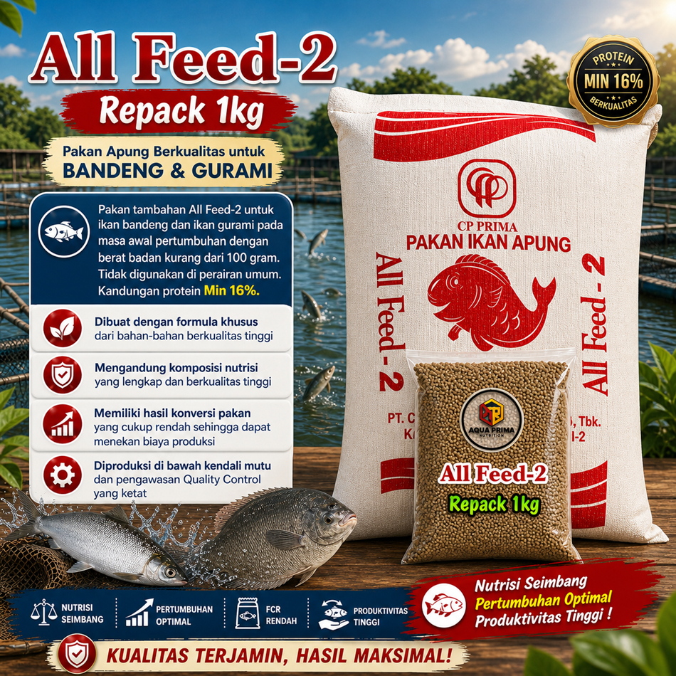 Pakan Ikan Apung All Feed-2 Repack 1kg | Pakan Bandeng & Gurami | Protein Min 16% | Pakan Ikan Murah