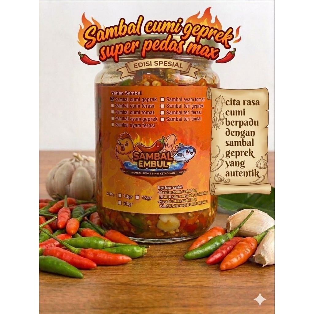 Sambal Cumi Segar Sachet (Geprek, Terasi, Tomat) Sambal Ayam & Teri Lauk Praktis Siap Saji