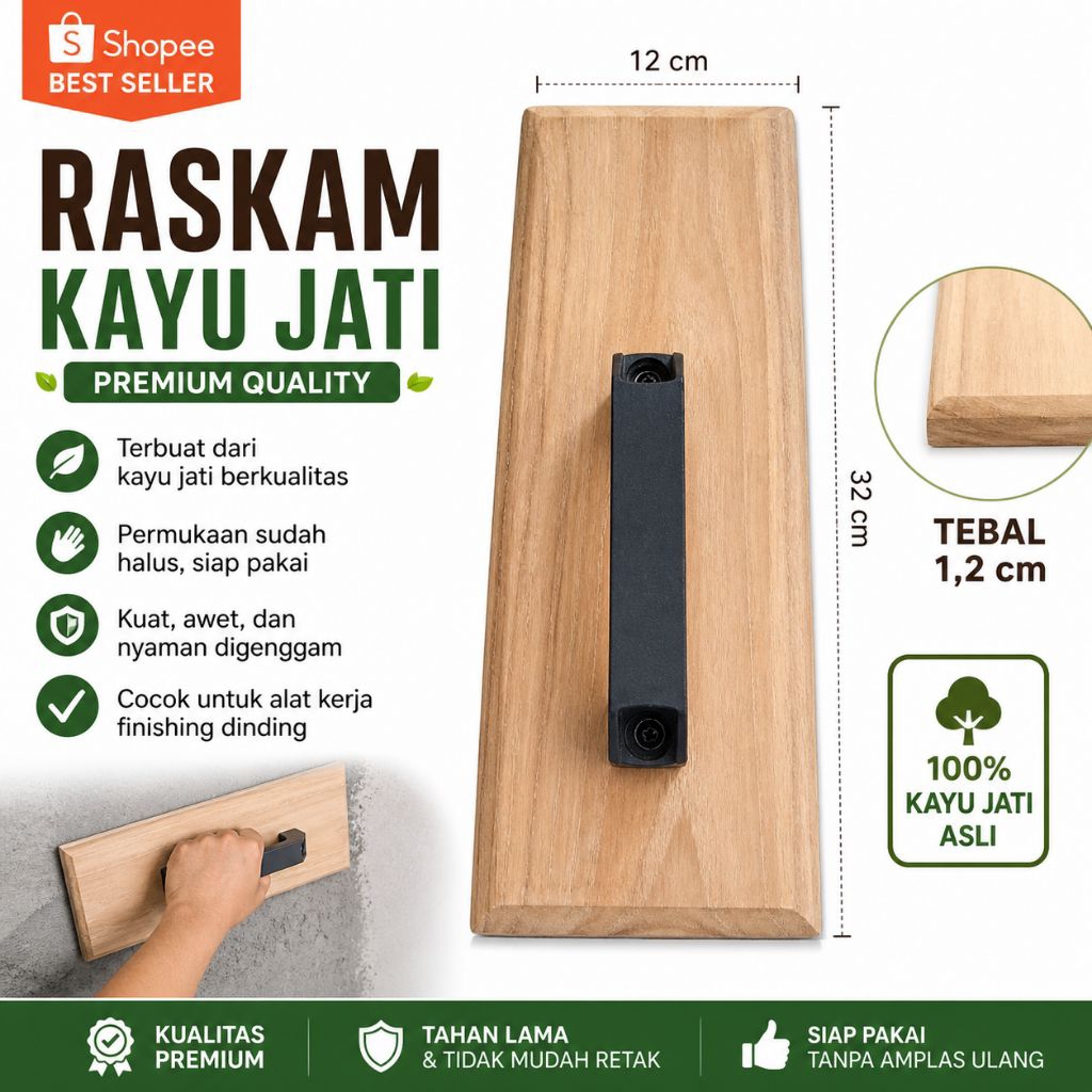 Raskam Kayu Jati Asli 32x12 cm | Roskam Kayu Tukang Finishing Dinding