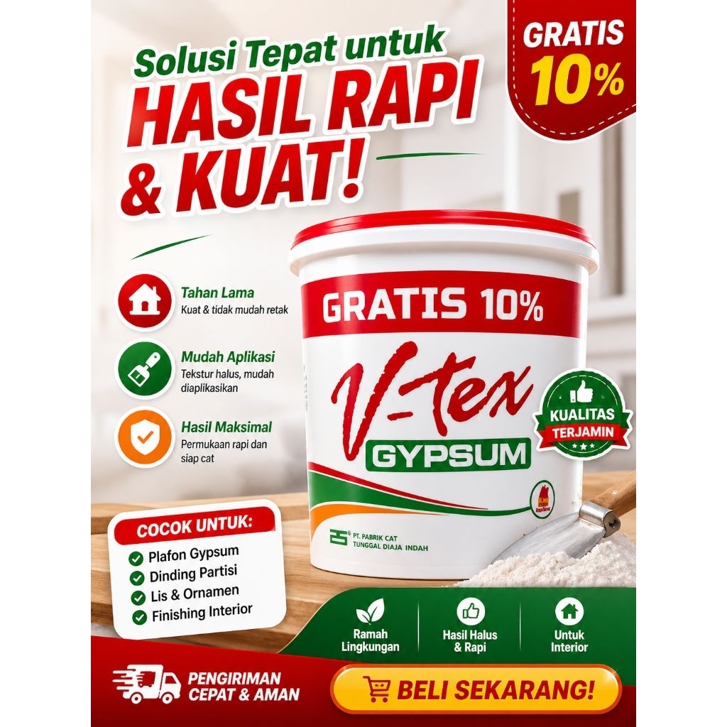 Cat Gypsum V-Tex 5Kg + GRATIS 10% | Cat Plafon & Dinding Interior | Putih Halus Daya Tutup Tinggi An
